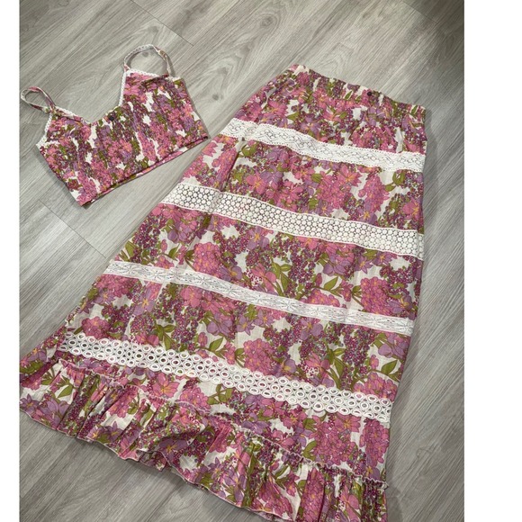 Z&L Europe Women Pink Floral Lace Trim Crop Top and Maxi Skirt Set Size L NWT - Picture 6 of 10